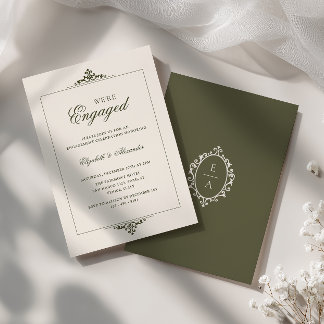 Old Money Crest Olive Green We're Engaged Party Invitation
