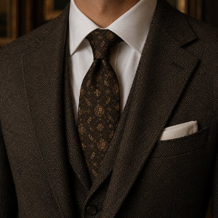 Old Money Dark Brown Gold Fleur de Lis Heraldic Neck Tie