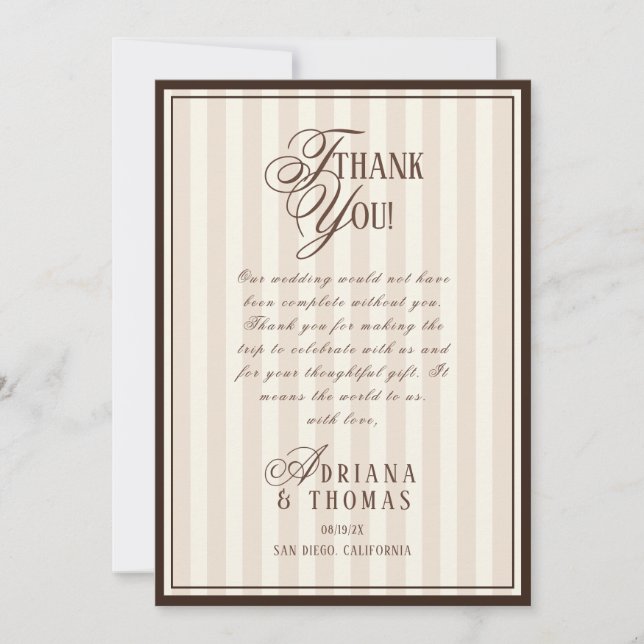 Old Money Espresso Calligraphy Wedding Thank You Card (Front)