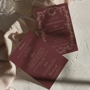 Old Money Floral Burgundy Heels All In One Wedding Invitation