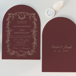 Old Money Floral Burgundy Heels Arched Wedding Invitation