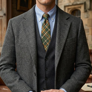 Old Money Forest Green Rust Orange Tartan Plaid Neck Tie