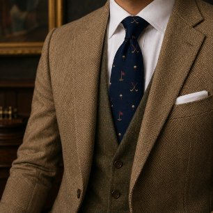 Old Money Golf Club Herringbone Tweed Navy Neck Tie