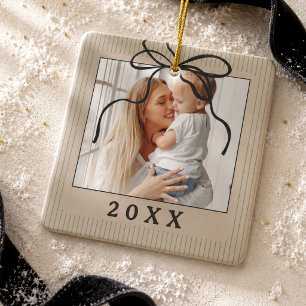 Old Money Green Stripe Black Bow Family Photo Ceramic Ornament