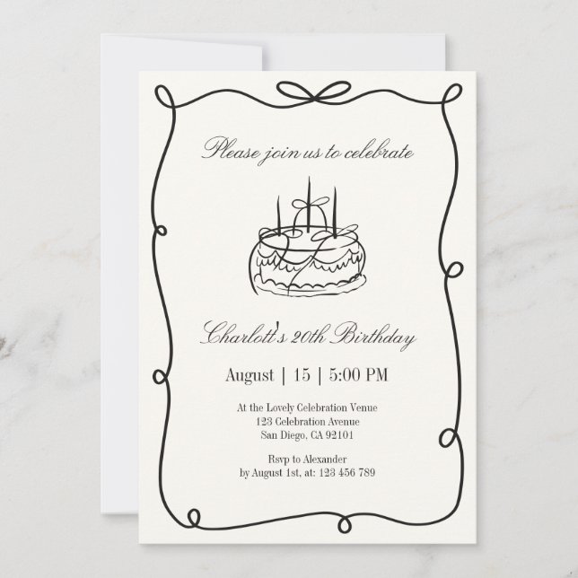 Old Money, Hand drawn birthday cake, birthday  Invitation (Front)