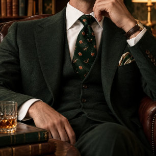 Old Money Hunter Green Herringbone Hunting Horn Neck Tie