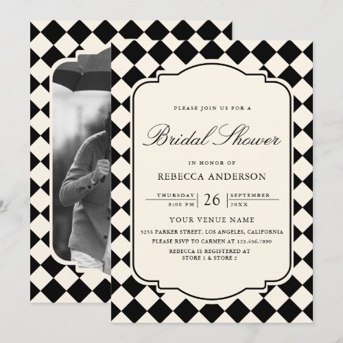 Old Money Ivory Black Checkered Bridal Shower Invitation