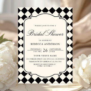 Old Money Ivory Black Checkered Bridal Shower Invitation