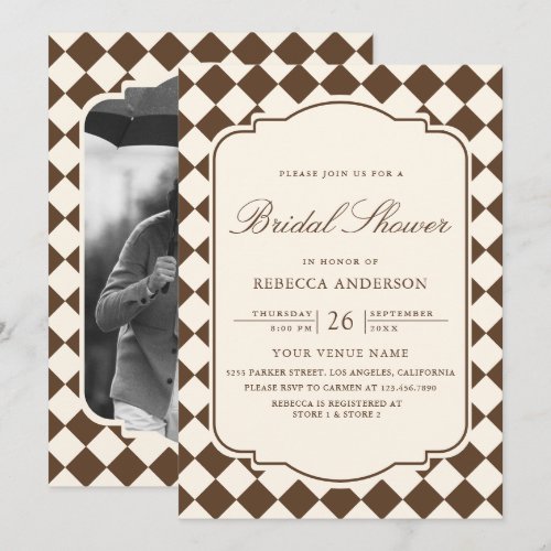 Old Money Ivory Brown Checkered Bridal Shower Invitation