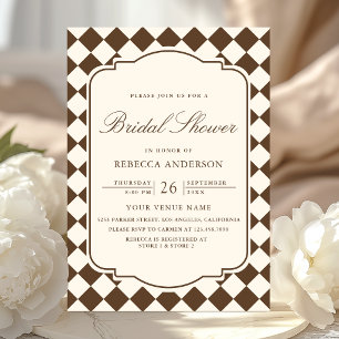 Old Money Ivory Brown Checkered Bridal Shower Invitation