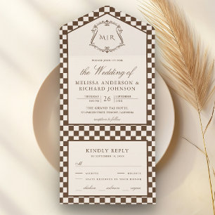 Old Money Ivory Brown Checkered Monogram Wedding All In One Invitation