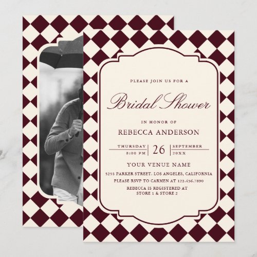 Old Money Ivory Burgundy Checkered Bridal Shower Invitation