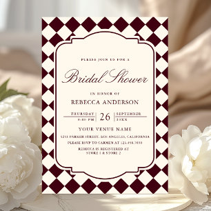 Old Money Ivory Burgundy Checkered Bridal Shower Invitation