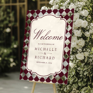 Old Money Ivory Burgundy Checkered Wedding Welcome Acrylic Sign