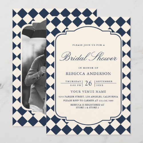 Old Money Ivory Navy Blue Checkered Bridal Shower Invitation
