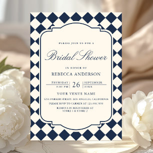 Old Money Ivory Navy Blue Checkered Bridal Shower Invitation