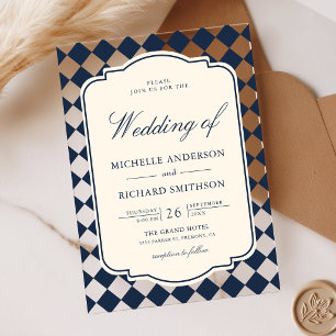 Old Money Ivory Navy Blue Checkered Wedding Acrylic Invitations