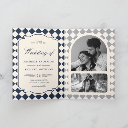 Old Money Ivory Navy Blue Checkered Wedding Invitation