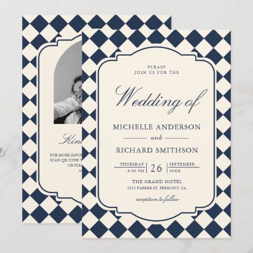 Old Money Ivory Navy Blue Checkered Wedding Invitation