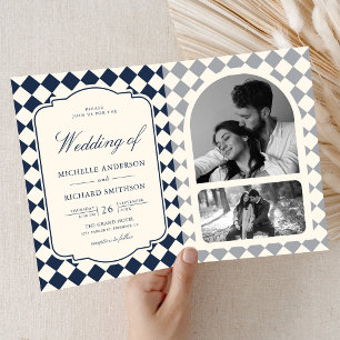 Old Money Ivory Navy Blue Checkered Wedding Invitation