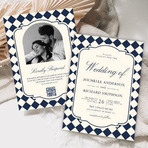 Old Money Ivory Navy Blue Checkered Wedding Invitation