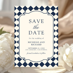 Old Money Ivory Navy Blue Checkered Wedding Save The Date