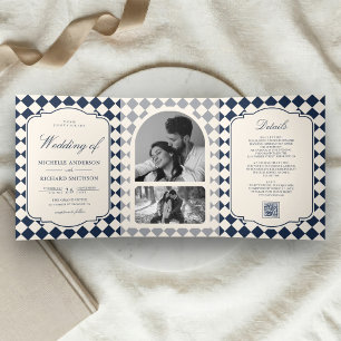 Old Money Ivory Navy Blue Checkered Wedding Tri-Fold Invitation
