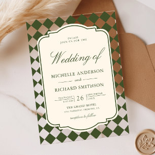 Old Money Ivory Olive Green Checkered Wedding Acrylic Invitations