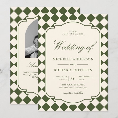 Old Money Ivory Olive Green Checkered Wedding Invitation
