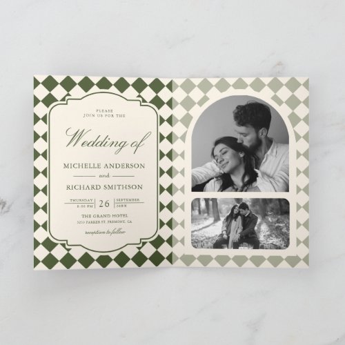 Old Money Ivory Olive Green Checkered Wedding Invitation