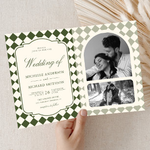 Old Money Ivory Olive Green Checkered Wedding Invitation