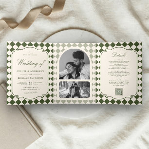 Old Money Ivory Olive Green Checkered Wedding Tri-Fold Invitation