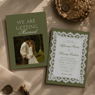 Old Money Lace Doily Olive Green Wedding Photo Invitation