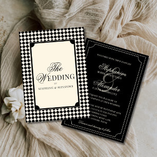 Old Money Luxury Black & Ivory Checkered Wedding Invitation
