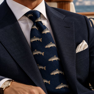 Old Money Midnight Navy Herringbone Leaping Salmon Neck Tie
