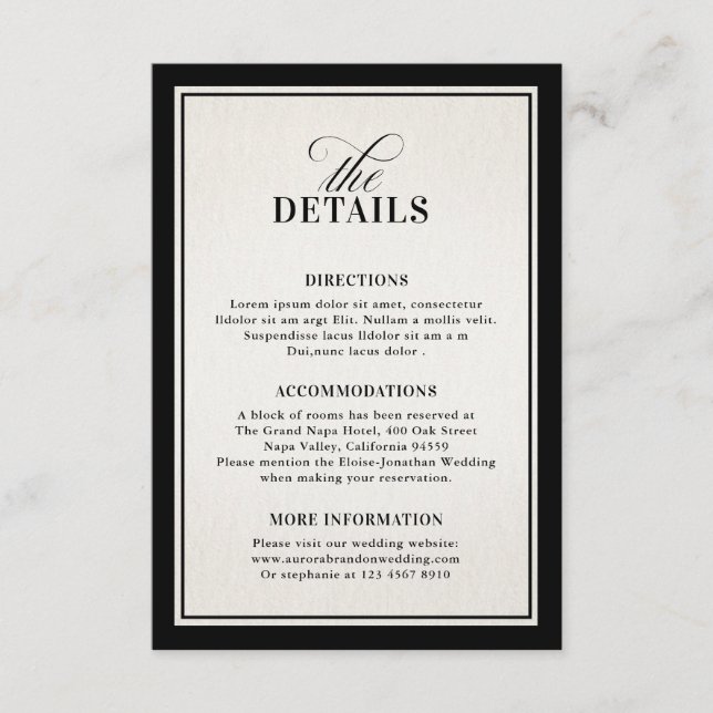 Old Money Modern Formal Black Luxury Chic Details Enclosure Card (Front)