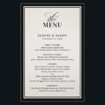 Old Money Modern Formal Black Luxury Chic Wedding<br><div class="desc">This old money inspired black and ivory wedding menu card features refined serif typography with an elegant script heading, framed by a bold black border for a timeless and distinguished presentation. The structured layout highlights each course in classic black tie style, creating a sophisticated and heirloom-inspired aesthetic. Perfect for estate...</div>