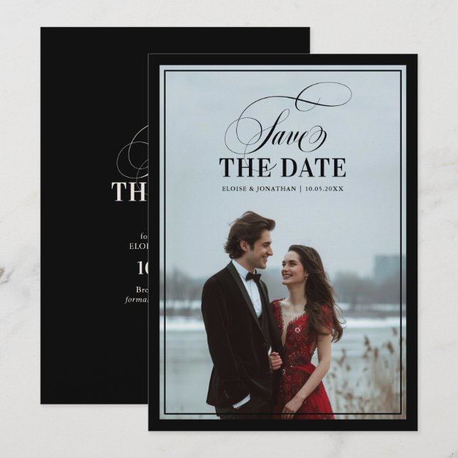 Old Money Modern Formal Black Luxury Chic Wedding Save The Date (Front/Back)