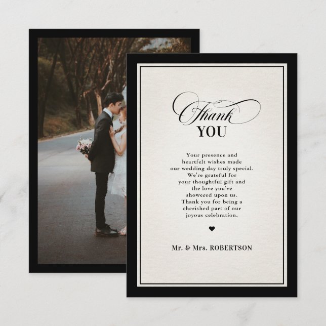 Old Money Modern Formal Black Luxury Chic Wedding Thank You Card (Front/Back)