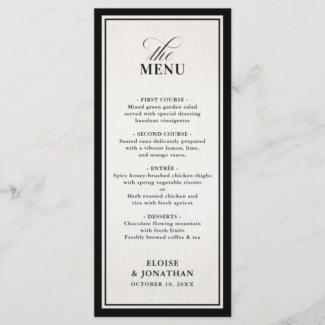 Old Money Modern Formal Black Luxury Wedding Menu (Front)