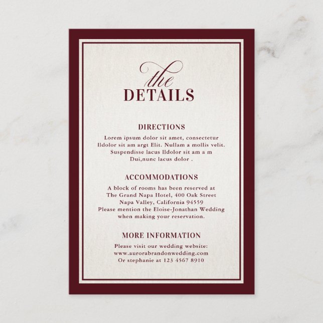 Old Money Modern Formal Burgundy Luxury Details Enclosure Card (Front)