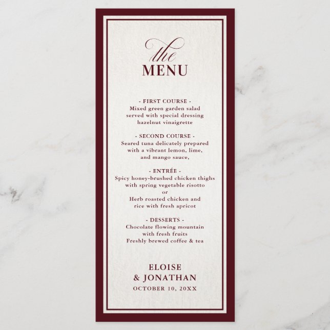 Old Money Modern Formal Burgundy Luxury Wedding Menu (Front)