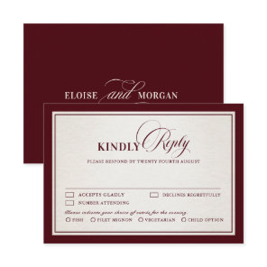 Old Money Modern Formal Burgundy Luxury Wedding RSVP Card
