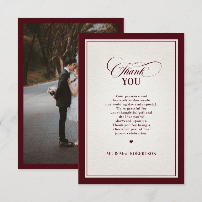 Old Money Modern Formal Burgundy Luxury Wedding Thank You Card (Front/Back)