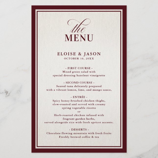 Old Money Modern Formal Burgundy Wedding Menu (Front)