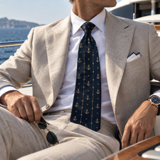 Old Money Nautical Anchor Rope Stripe Navy Necktie