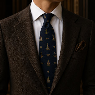 Old Money Nautical Lighthouse Sailboat Navy Neck Tie