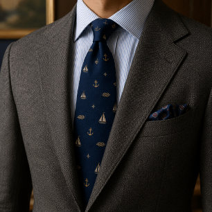 Old Money Nautical Sailboat Anchor Herringbone Neck Tie