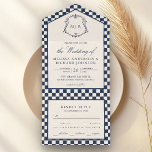 Old Money Navy Blue Checkered Monogram Wedding All In One Invitation