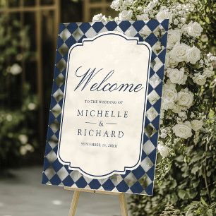 Old Money Navy Blue Checkered Wedding Welcome Acrylic Sign